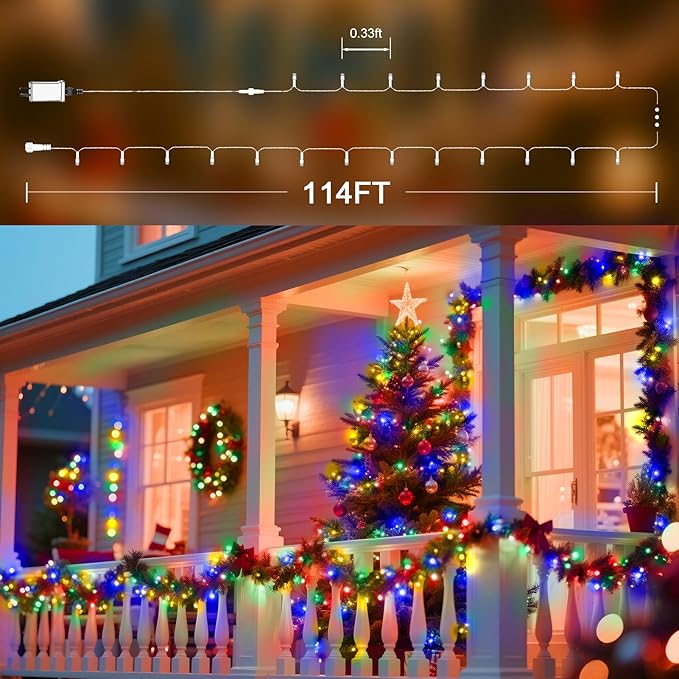 114 FT 350 LED String Lights Outdoor Indoor, Christams String Lights Waterproof 8 Modes & Timer, Fairy Lights Plug in for Bedroom, Weeding, Patio, Party, Holiday,Christmas Decor（Multicolor）