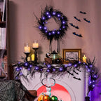 JORNOY 16inch LED Halloween Wreath with Battery Timer - Black Artificial Leaves&Silk Ribbon Decor Hanging for Front Door, Mantel, Porch, Wall, Party Decorations