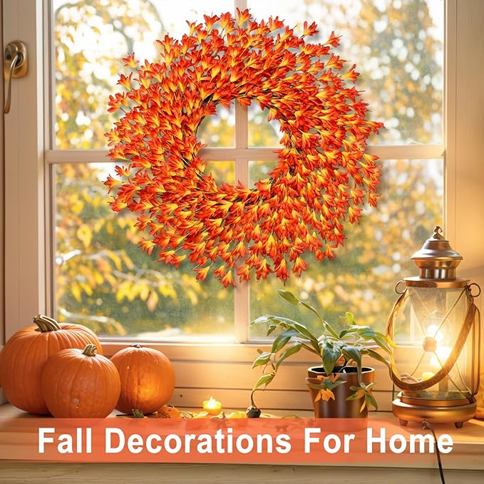 26 Inch Realistic Fall Wreaths for Front Door Outside Autumn Wreath Outdoor Indoors Fall Decorations for Home Thanksgiving Halloween Holiday Decorations Clearance for Wall Porch Door (Orange)