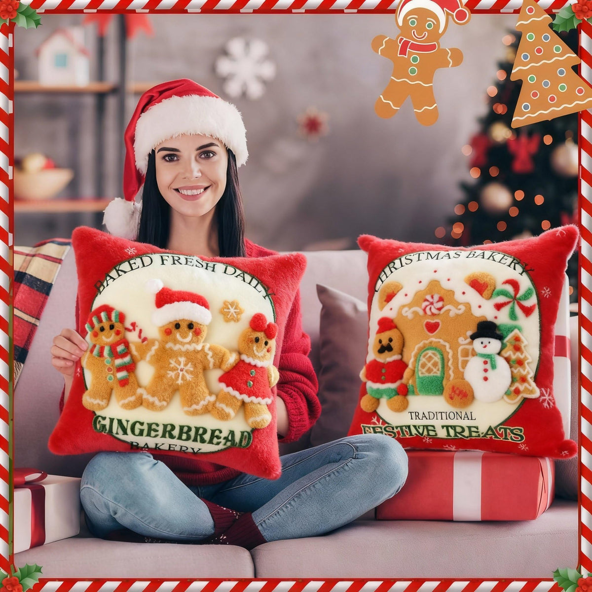 Hahafelt 2 Pcs Christmas Gingerbread Throw Pillow Covers 18x18 Inch 3D Embroidered Christmas Gingerbread Man Decorative Square Pillowcases Cushion Covers Soft Plush Faux Fur Wool Decor for Winter