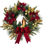 22 Inch Pre-Lit Artificial Christmas Wreath with Red Artificial Poinsettia Flowers Jesus Figurine Nativity Scene Glitter Ball Ornaments PineCones Golden Berries for Christmas Decor Front Door