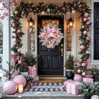 22inch Christmas Pink Wreath for Front Door with 30 LED Lights,Elegant Magnolia Christmas Door Wreath,Festive Holiday Decor, Frosted Winter Pink Decorations for Wedding