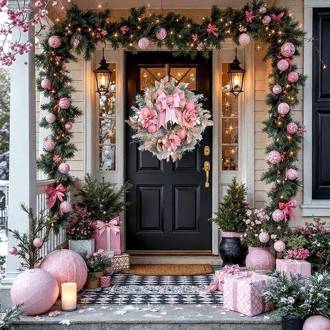 22inch Christmas Pink Wreath for Front Door with 30 LED Lights,Elegant Magnolia Christmas Door Wreath,Festive Holiday Decor, Frosted Winter Pink Decorations for Wedding