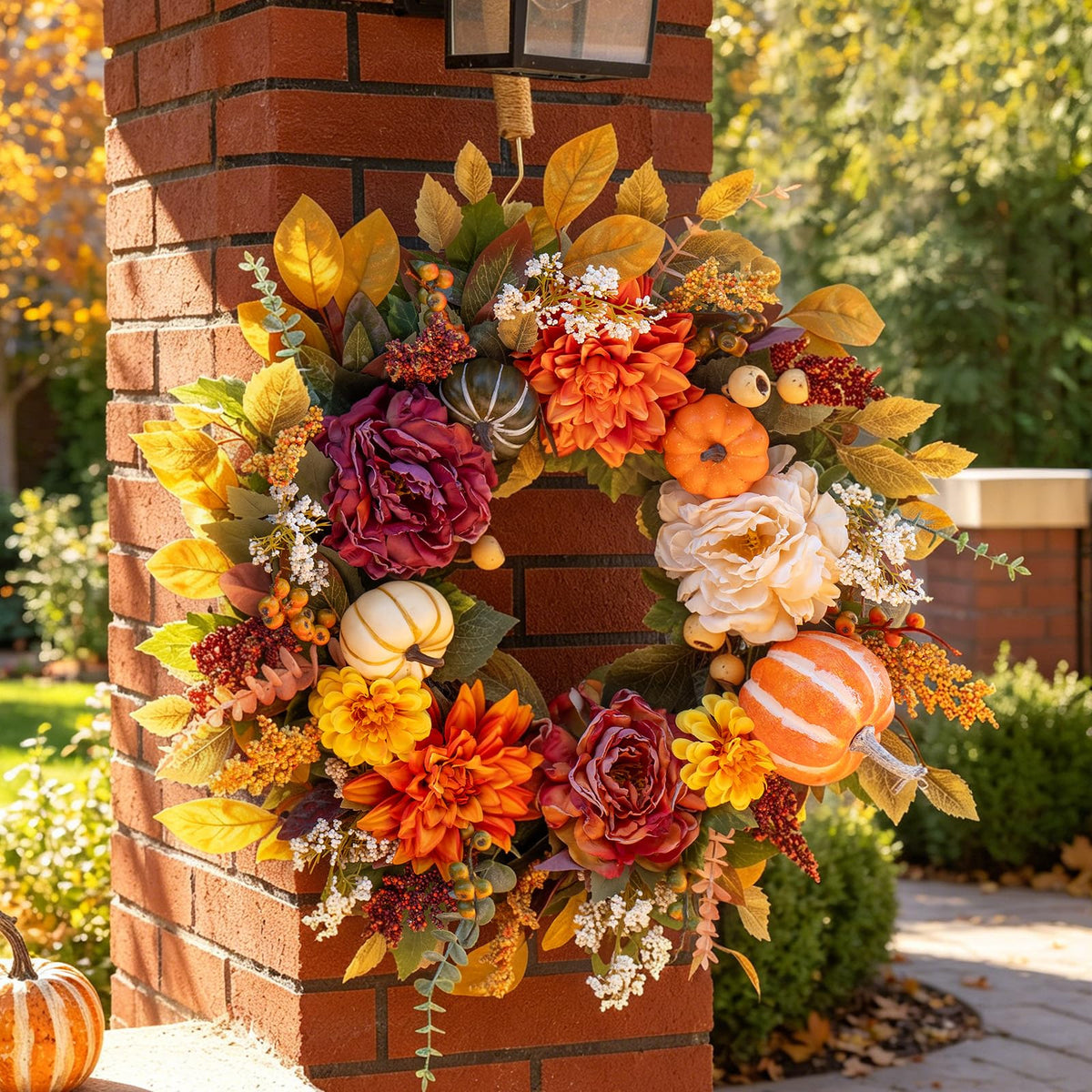 Fall Wreaths for Front Door 24 Inch Beautiful Fall Wreath with Pumpkins, Artificial Flowers & Leaves Harvest and Thanksgiving Pumpkin Fall Door Wreath for Indoor & Outdoor Autumn Decor