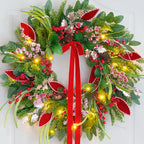 Christmas Wreath with Lights,Outdoor Pre-lit Christmas Wreaths for Front Door-24 Inch Xmas Door Wreath with Pine Needles Pine Cones and Red Berries- Farmhouse Home Christmas Decorations