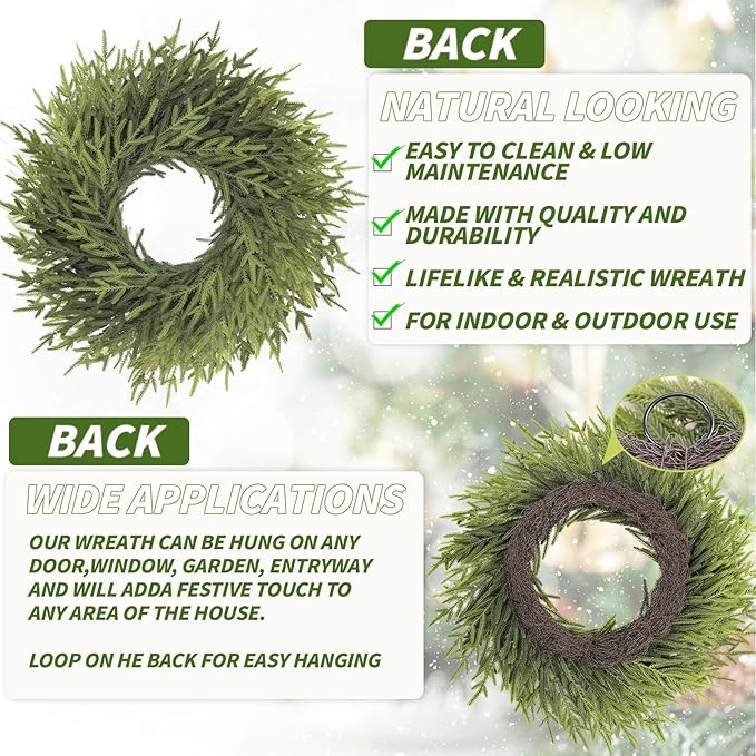 24 inch Norfolk Pine Wreath, Realistic Christmas Wreath for Front Door,Artificial Real Touch Green Wreath Greenery for Door Wall Windows Mantle Outdoor Christmas Decoration