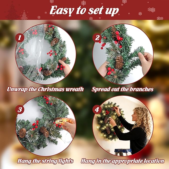 FR Artificial Pre-Lit Fir Christmas Wreath Holiday Accent Decoration, Wintry Pine, Decorated with Pine Cones Berry Clusters Frosted Branches, with LED Lights for Door, Mantel 20 Inch