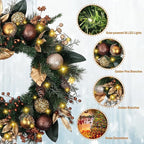 Solar Christmas Wreath 28 Inch Pre-Lit Solar 50 Led Artificial Wreath for Front Door Window Home Decor Decorated with Golden Pine Cones Christmas Balls Glitter Pine Branches(2811)
