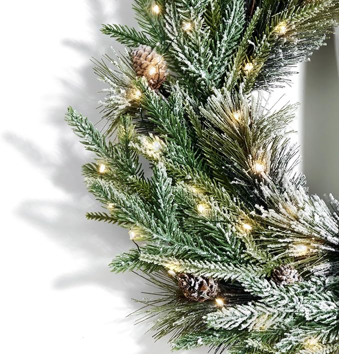 LampLust Cypress Christmas Wreath with Lights, 22 Inch Wreath with 100 Battery Operated LED Lights and Velvet Bow, Winter Wreaths for Front Door Christmas Decorations Holiday Decor