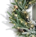 LampLust Cypress Christmas Wreath with Lights, 22 Inch Wreath with 100 Battery Operated LED Lights and Velvet Bow, Winter Wreaths for Front Door Christmas Decorations Holiday Decor
