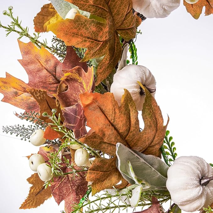 DN DECONATION 24“ Fall Wreaths for Front Door Decor, Autumn Harvest Wreaths for Porch Door Outdoor, Fall Wreath Decorations for Home Outside Thanksgiving, White Pumpkins Wreath