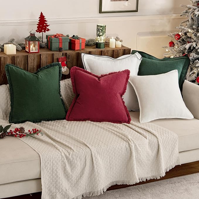 MIULEE Christmas Decorative Throw Pillow Covers Neutral Linen Fringe Throw Pillows Set of 2 Army Green Boho Farmhouse Cushion Covers with Tassels for Couch Sofa Bed Living Room Home Decor 18x18 Inch
