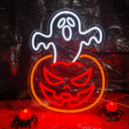 Halloween Pumpkin Neon Sign Decor Indoor, Ghost Halloween Window Lights Decorations LED Neon Sings for Wall Decor (Ghost Pumpkin)