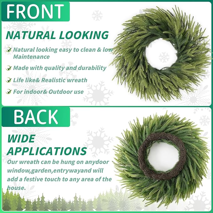26 inch Norfolk Pine Wreath, Realistic Christmas Wreath for Front Door,Artificial Real Touch Green Wreath Greenery for Door Wall Windows Mantle Outdoor Christmas Decoration