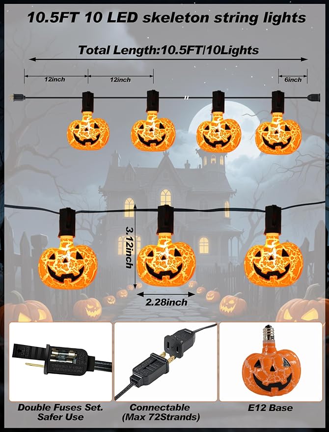 Unleash a Haunting Glow: 10.5ft Plug-in Halloween Pumpkin String Lights, Connectable (Up to 72 Strands), Waterproof Jack o Lantern Lights for Outdoor/Indoor, Heavy-Duty Orange Holiday Lights for Porch