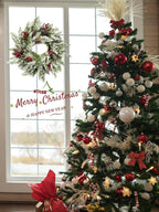 Artificial Christmas Wreath with Hanger for Front Door with Pine Cone, Red Berries, Burlap Ribbon & Snowflake, Indoor Outdoor Holiday Wall Windows Wreath Flocked with Mixed Decorations 23inch