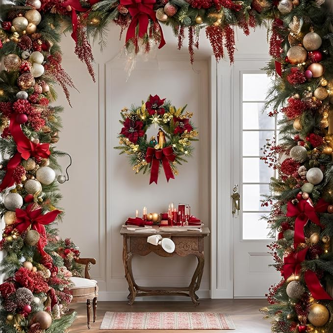 22 Inch Pre-Lit Artificial Christmas Wreath with Red Artificial Poinsettia Flowers Jesus Figurine Nativity Scene Glitter Ball Ornaments PineCones Golden Berries for Christmas Decor Front Door