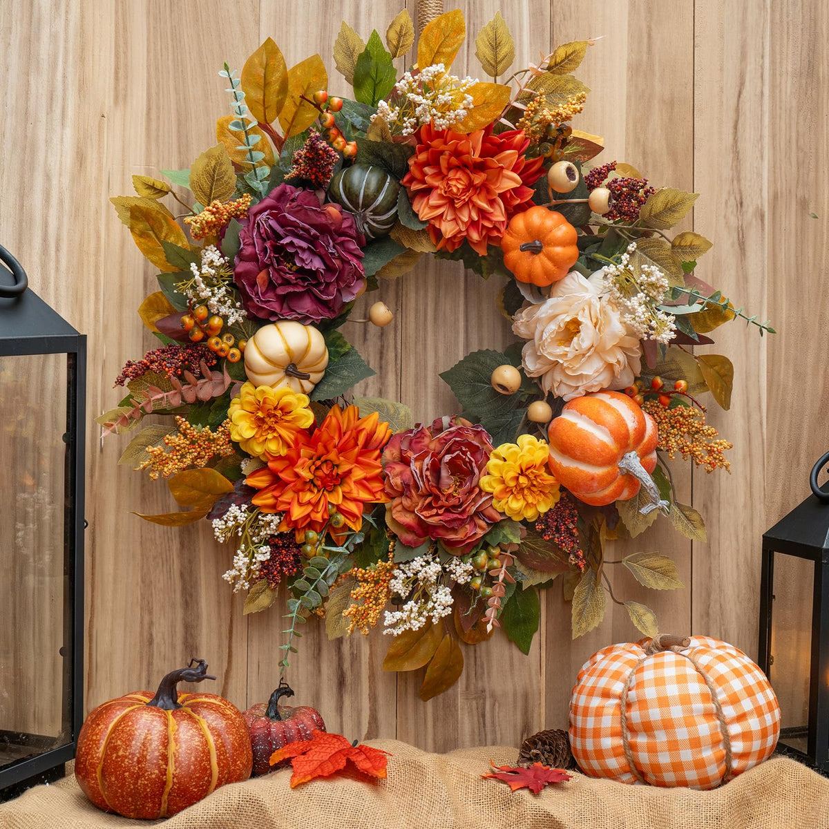 Fall Wreaths for Front Door 24 Inch Beautiful Fall Wreath with Pumpkins, Artificial Flowers & Leaves Harvest and Thanksgiving Pumpkin Fall Door Wreath for Indoor & Outdoor Autumn Decor