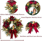 22 Inch Pre-Lit Artificial Christmas Wreath with Red Artificial Poinsettia Flowers Jesus Figurine Nativity Scene Glitter Ball Ornaments PineCones Golden Berries for Christmas Decor Front Door