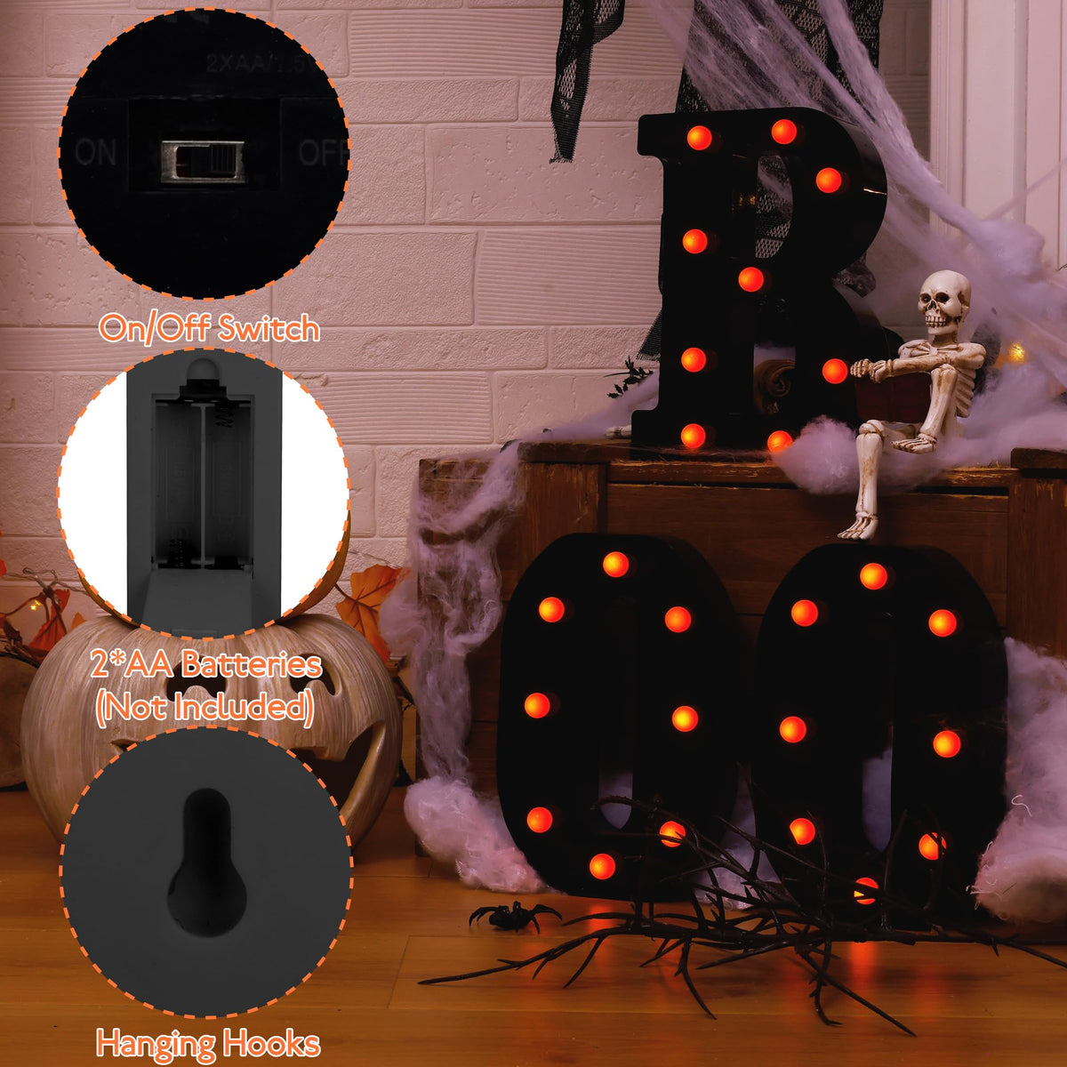 Halloween Decorations Indoor Outdoor - Boo Light Up Letters Sign, Battery Powered Marquee Light Halloween Decor for Fireplace Mantel, Window, Porch, Party Home Decor(Black)