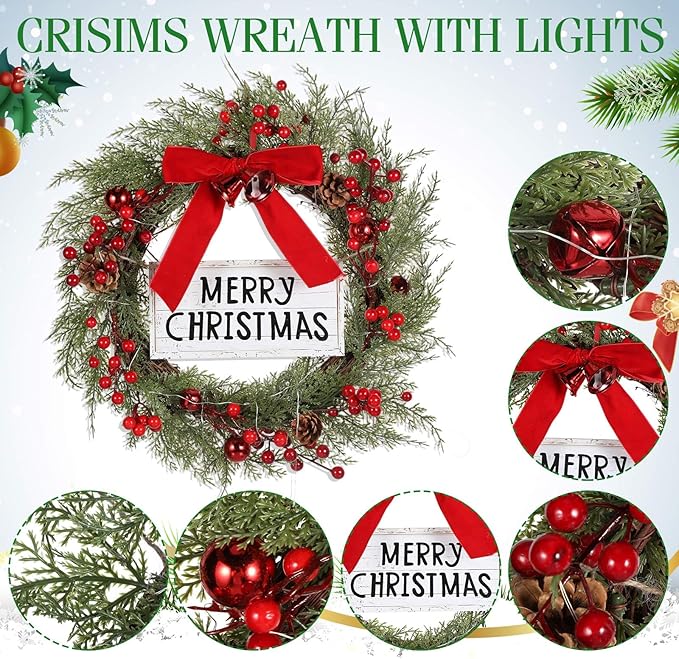 Lighted Christmas Wreath for Front Door with Metal Hanger 16'' Artificial Norfolk Wreath with Velvet Bow LED Lights Jingle Bells Pinecone Berries Christmas Holiday Winter Decor(Red)