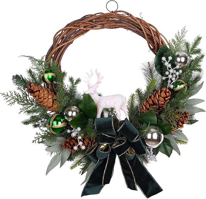 28" Lighted Christmas Wreath for Front Door, Handmade with Pinecones Ornaments Deer Bow, Christmas Wreath Decoration for Home Door Porch Wall Indoor Outdoor