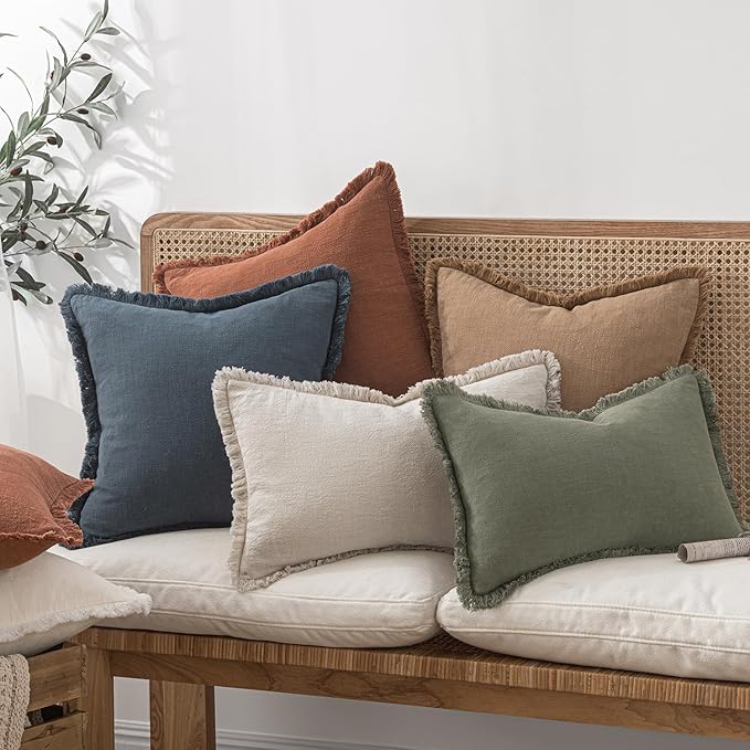 MIULEE Christmas Decorative Throw Pillow Covers Neutral Linen Fringe Throw Pillows Set of 2 Indigo Blue Boho Farmhouse Cushion Covers Coastal Decor for Couch Sofa Bed Living Room Decor 18x18 Inch