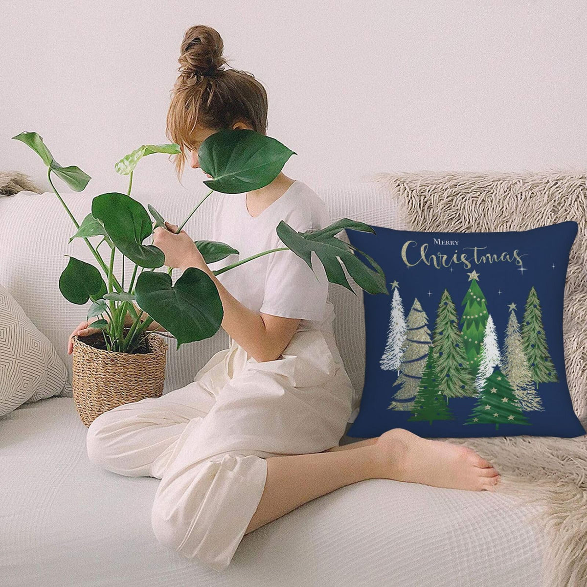 AELUTYSH Blue Christmas Pillow Covers 18x18 Inch Set of 2, Christmas Tree Gold Star Decorative Throw Pillows Winter Pillow Case Holiday Christmas Decor Cushion Cover for Home Sofa Couch