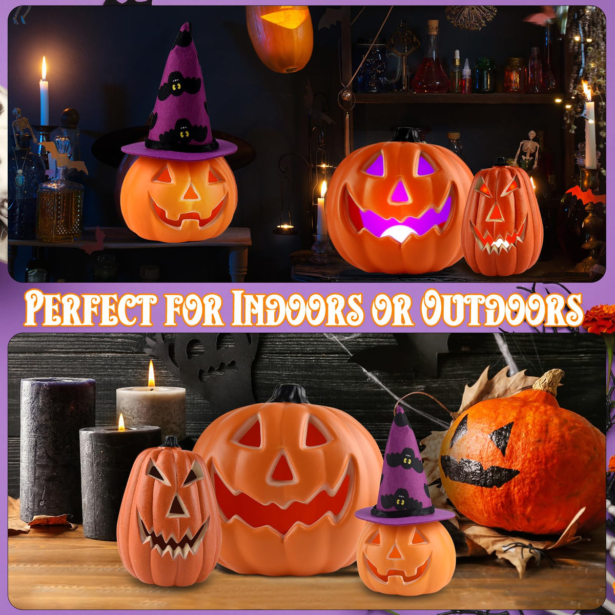 Halloween LED Jack-O-Lantern Lights with Purple Bat Hat, Color-Changing Pumpkin Decor Set of 3 Battery Operated Table Ornaments for Home Party Decor