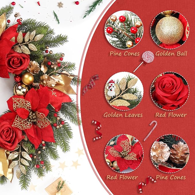 Christmas Wreaths for Front Door,Winter Wreaths for Indoor and Outdoor Christmas Decorations,Christmas Door Wreath with Red Christmas Flowers and Golden Ball,Pine Cones for Christmas Decor