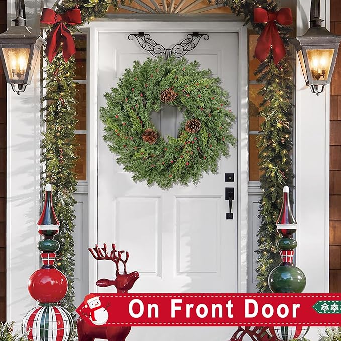 Real Touch Pine Christmas Wreath 24 Inch Christmas Wreaths for Front Door Winter Wreath Artificial Green Wreaths Outdoor Christmas Decorations Indoor Outside Window Home Holiday Thanksgiving