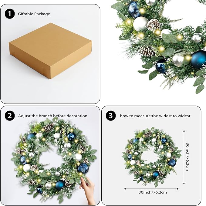 WANNA-CUL Pre-Lit 30 Inch Large Christmas Wreath for Front Door with 50 Led Lights, Silver Blue Lighted Christmas Door Wreath Decor with Ball Ornaments,Pine Cones, Battery Operated