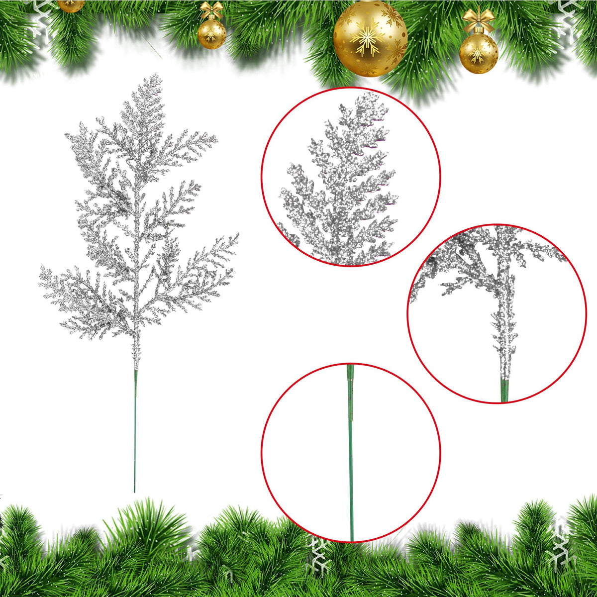 Watayo 45 Pcs Glitter Artificial Pine Needles- 10.6" Fake Foliage Pine Stems Picks- Silver Leaves Artificial Flowers Picks for Christmas DIY Garland Wreath Home Garden Decoration