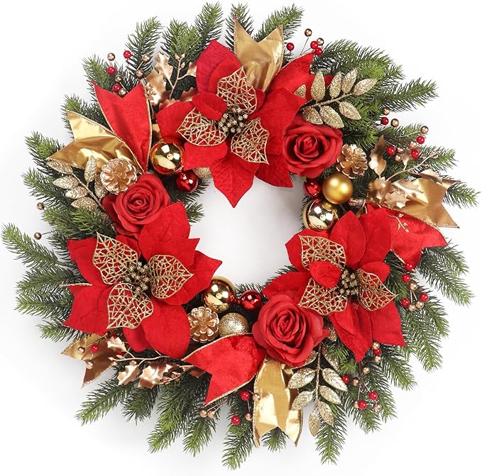 Christmas Wreaths for Front Door,Winter Wreaths for Indoor and Outdoor Christmas Decorations,Christmas Door Wreath with Red Christmas Flowers and Golden Ball,Pine Cones for Christmas Decor