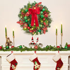Christmas Wreath for Front Door, 22 Inch Large Outdoor Christmas Wreath, Lighted Xmas Wreath with Red Green Ball Ornaments Velvet Bow and 30 LED Lights for Fireplace Window Holiday Decor