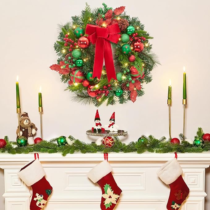 Christmas Wreath for Front Door, 22 Inch Large Outdoor Christmas Wreath, Lighted Xmas Wreath with Red Green Ball Ornaments Velvet Bow and 30 LED Lights for Fireplace Window Holiday Decor