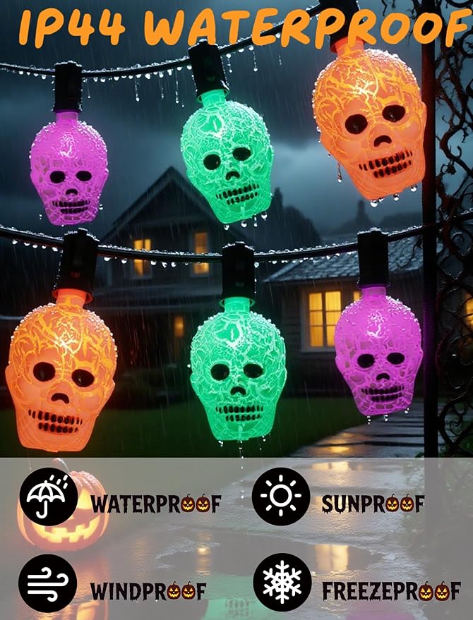 10.5ft Halloween Skull Lights Plug In, UL Certified Connectable String Lights for Outdoor Indoor Halloween Decor, Waterproof Spooky Decorations with Spare Bulb & Clips for Yard, Party, Porch