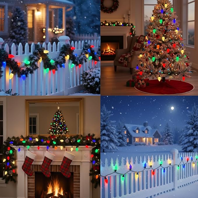 LED Christmas Lights Outdoor, 26FT 50 Count Multicolor C9 String Lights, Energy-Saving Vintage Christmas Lights, Connectable Plug-in Outside Colored Christmas Tree Lights for House Decorations