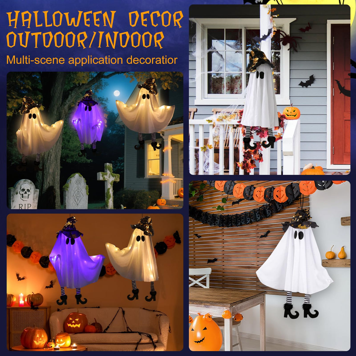 Halloween Hanging Decorations Set of 3 Battery Operated Small Floating Ghost Decor with Witch Hat & Striped Legs, 3 Light Modes Outdoor for Porch Tree Yard Garden Ceiling, Spooky Decor for Party Scene