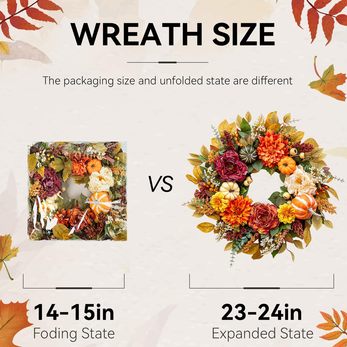 Fall Wreaths for Front Door 24 Inch Beautiful Fall Wreath with Pumpkins, Artificial Flowers & Leaves Harvest and Thanksgiving Pumpkin Fall Door Wreath for Indoor & Outdoor Autumn Decor