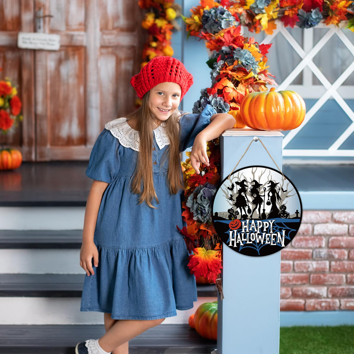Cazhes Halloween Door Decorations - 12" Witch Welcome Sign for Front Door, Pumpkin Wooden Hanger for Home Porch Indoor Outdoor Wall Decor -B09