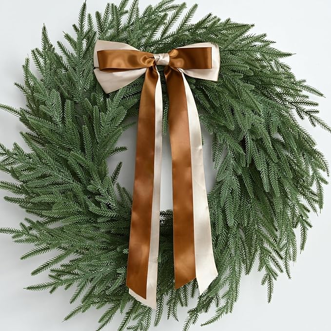 Christmas Decorations -24 Inch Christmas Wreath, Norfolk Pine Wreath, Christmas Wreaths for Front Door, Christmas Door Wreath with Bow Ribbon for Home Table Wall Window Indoor Outdoor