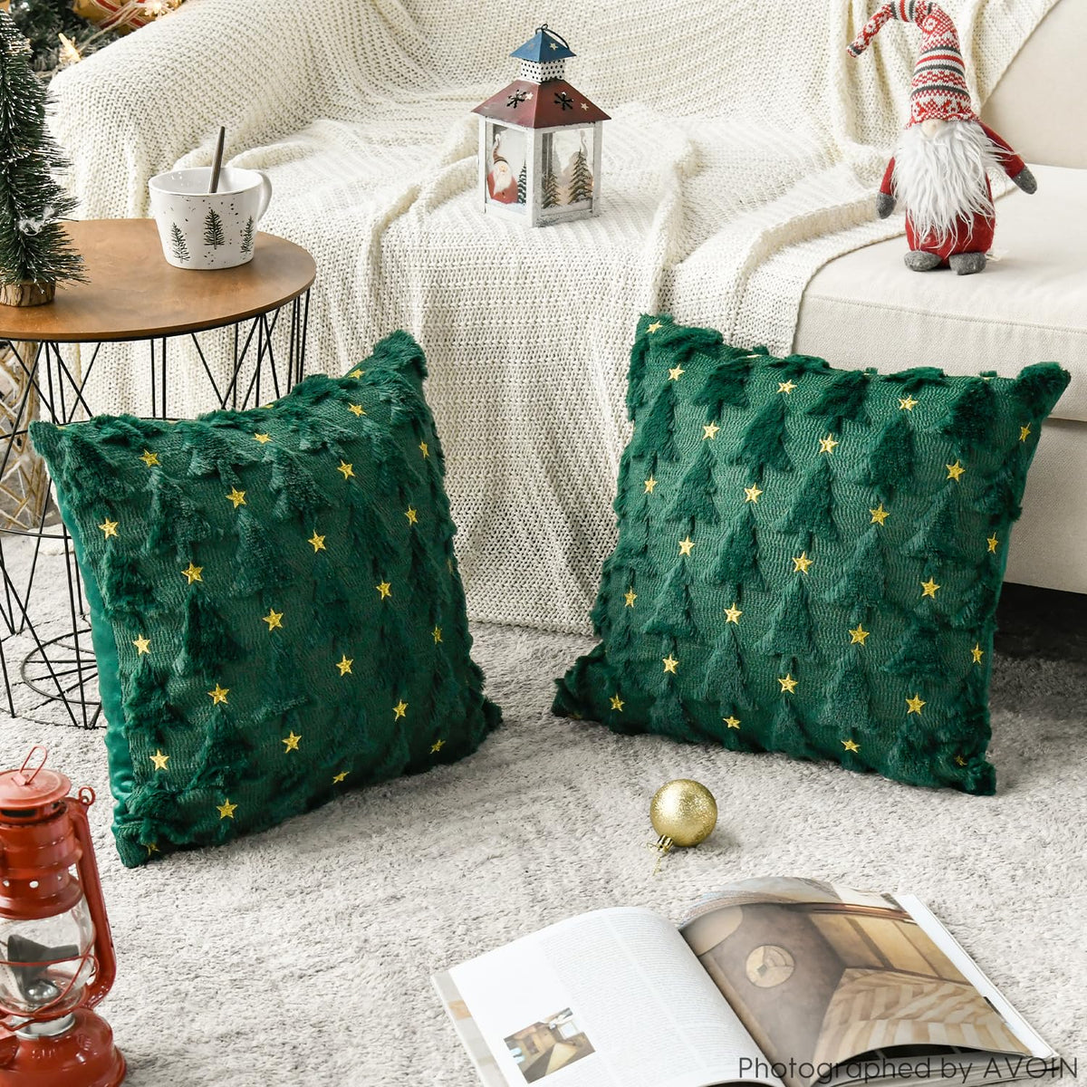 AVOIN colorlife Christmas Tree Star Green Throw Pillow Cover Set of 2, 18 x 18 Inch Soft Plush Faux Fur Jacquard Festivals Winter Cushion Case Decoration for Sofa Couch