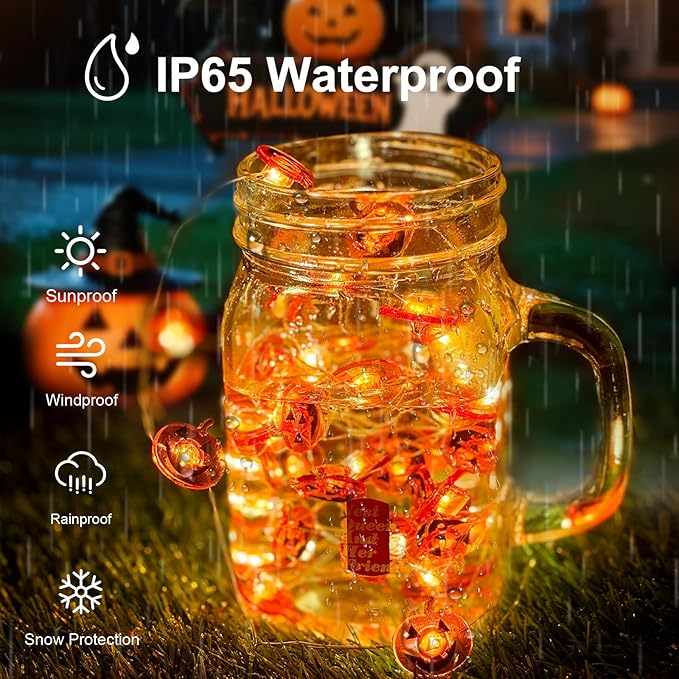 Halloween Pumpkin String Lights, 16 ft 50 LED Orange Battery Operated Lights for Lawns Garden Outdoor Holiday Party Decorations (1 Pack)