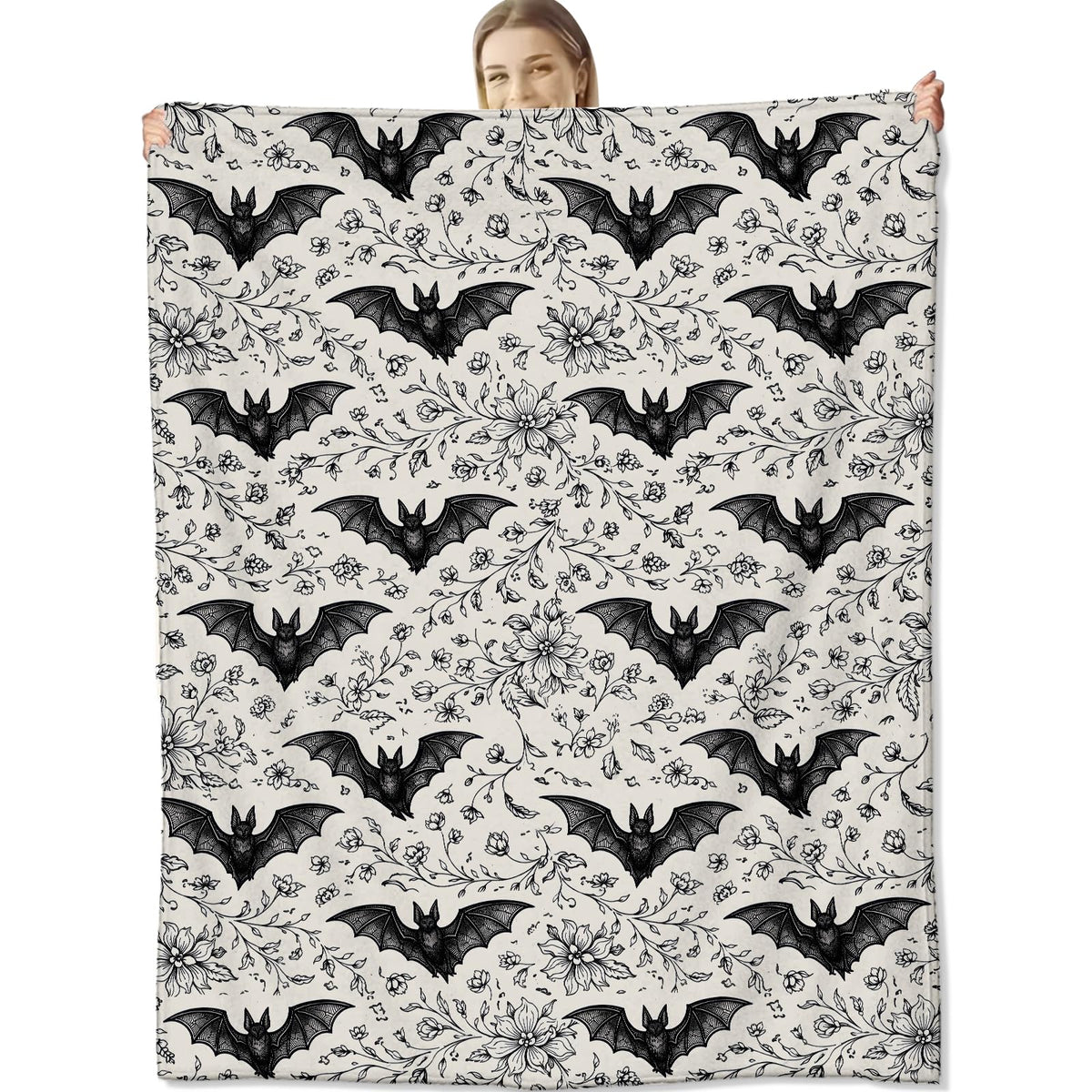 cromcu Bat Blanket Soft Lightweight, Gothic Floral Bat Pattern Flannel Throw Blankets for Bed Sofa Office RV Travel Bathroom Home Vintage Black and White Halloween Decor, Goth Lovers Gifts 60"X50"