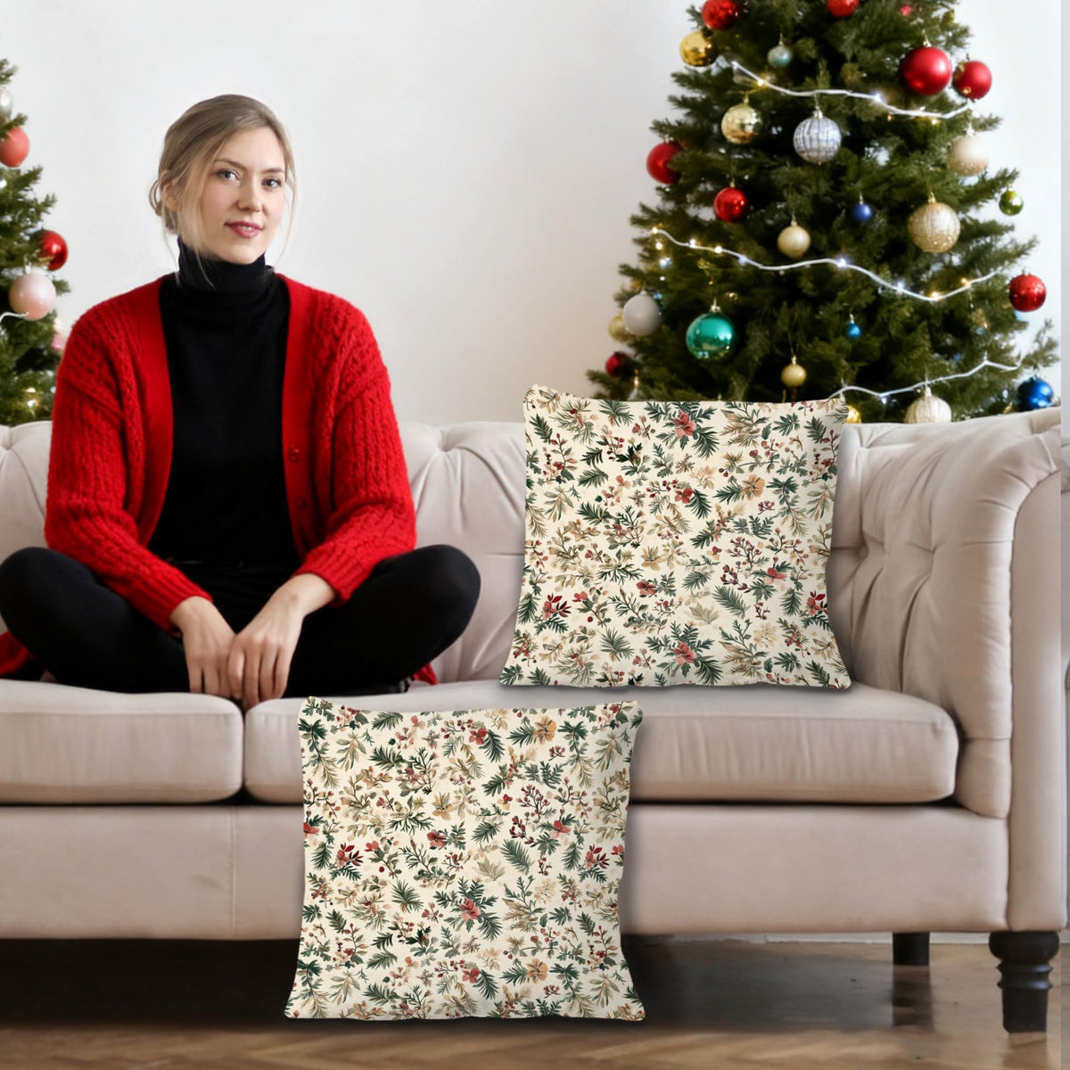 Exqcom Rustic Christmas Floral Pillow Covers 18x18 Set of 2, Farmhouse Christmas Decor, Boho Holly Leaves Pine Xmas Botanical Throw Pillow Covers for Home Living Room Bedroom