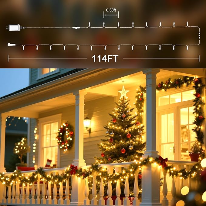 114 FT 350 LED String Lights Outdoor Indoor, Christams String Lights Waterproof 8 Modes & Timer, Fairy Lights Plug in for Bedroom, Weeding, Patio, Party, Holiday,Christmas Decor（Warm White）
