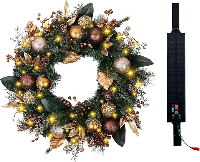 Solar Christmas Wreath 28 Inch Pre-Lit Solar 50 Led Artificial Wreath for Front Door Window Home Decor Decorated with Golden Pine Cones Christmas Balls Glitter Pine Branches(2811)