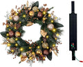 Solar Christmas Wreath 28 Inch Pre-Lit Solar 50 Led Artificial Wreath for Front Door Window Home Decor Decorated with Golden Pine Cones Christmas Balls Glitter Pine Branches(2811)
