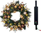 Solar Christmas Wreath 28 Inch Pre-Lit Solar 50 Led Artificial Wreath for Front Door Window Home Decor Decorated with Golden Pine Cones Christmas Balls Glitter Pine Branches(2811)